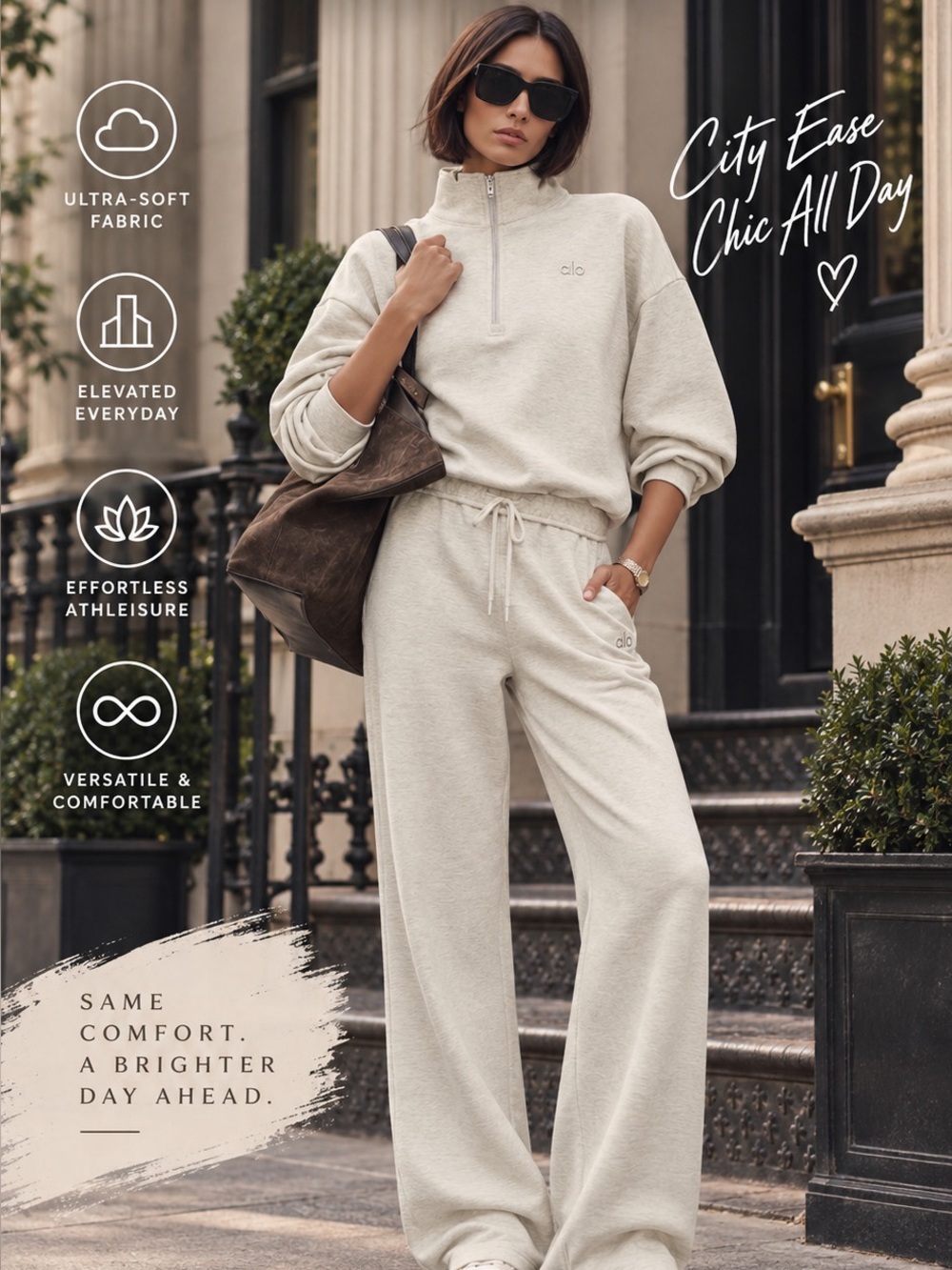 ALO Yoga Accolade 1/4 Zip Pullover & Straight Leg Sweatpants Set Oatmeal Heather